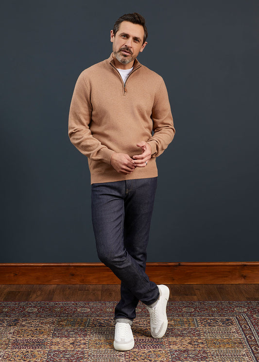 Men's Lambswool 1/4 Zip Jumper in Sand