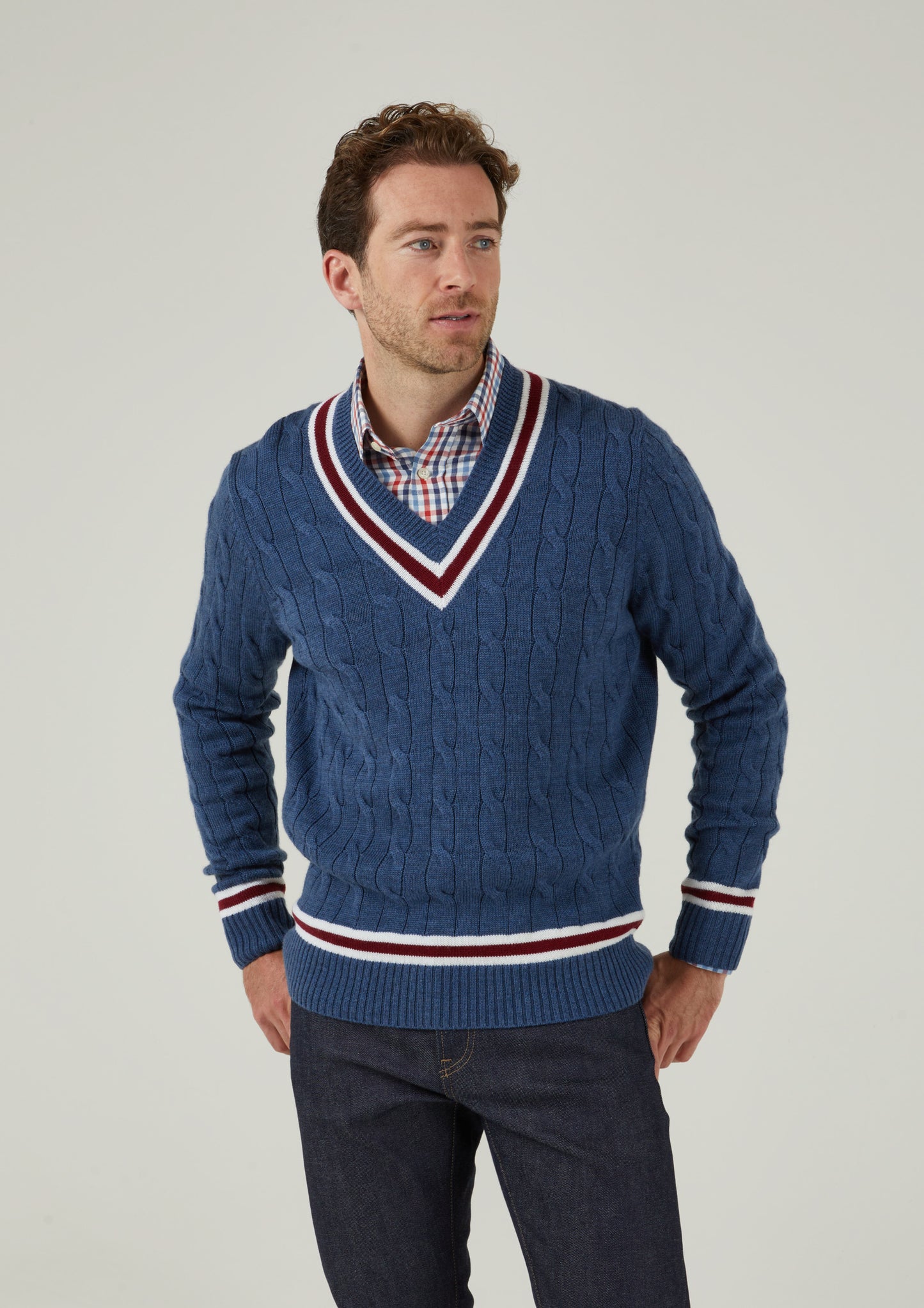 Grafton Men's Merino Wool Cable Cricket Jumper In Denim
