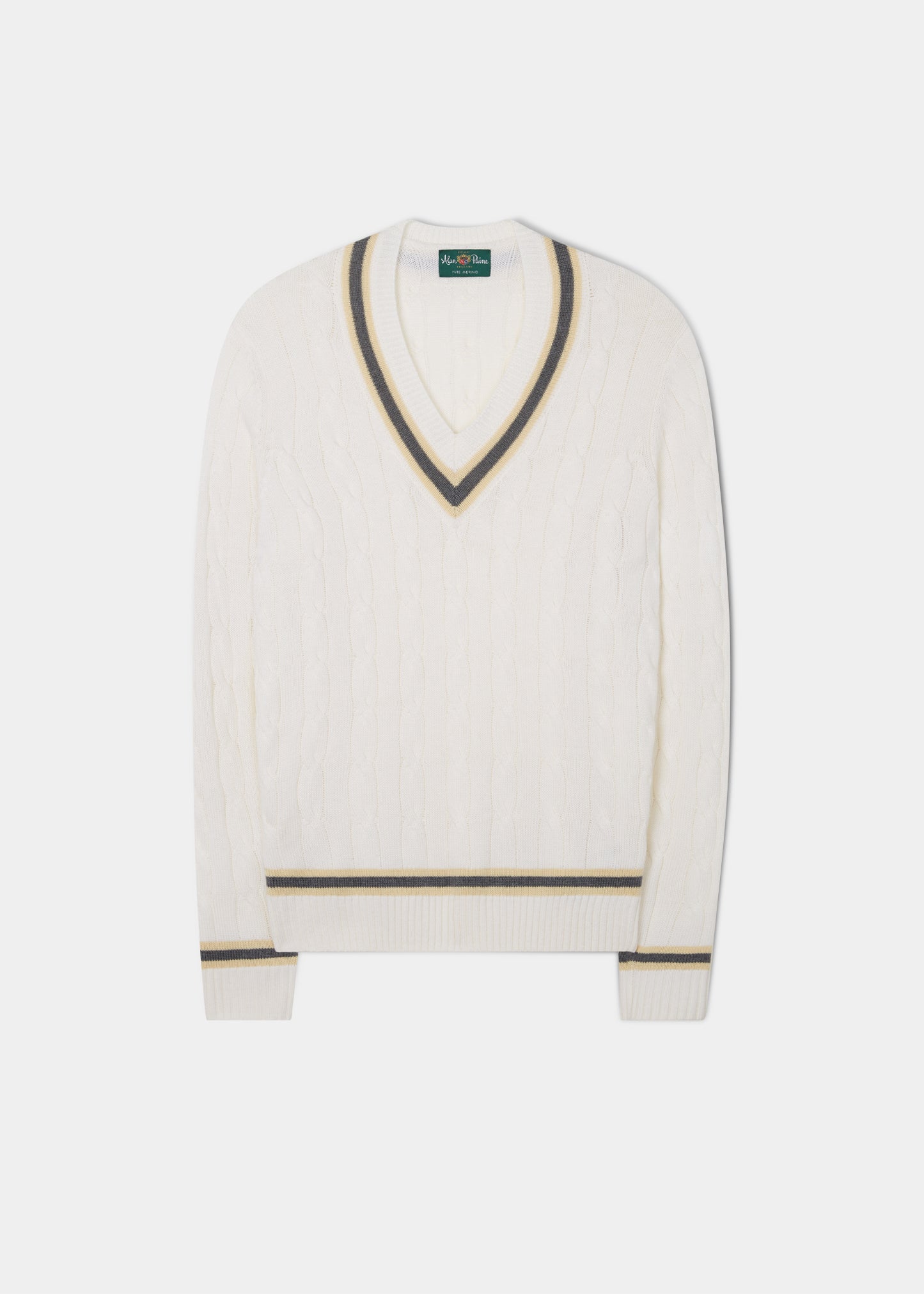 Grafton Men's Merino Wool Cable Cricket Jumper In Ecru - Regular Fit