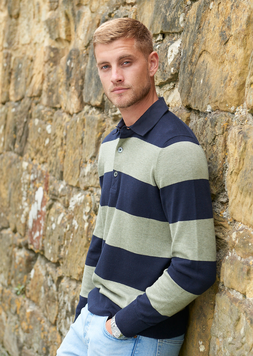 Harpford Rugby Stripe Shirt In Dark Navy & Landscape