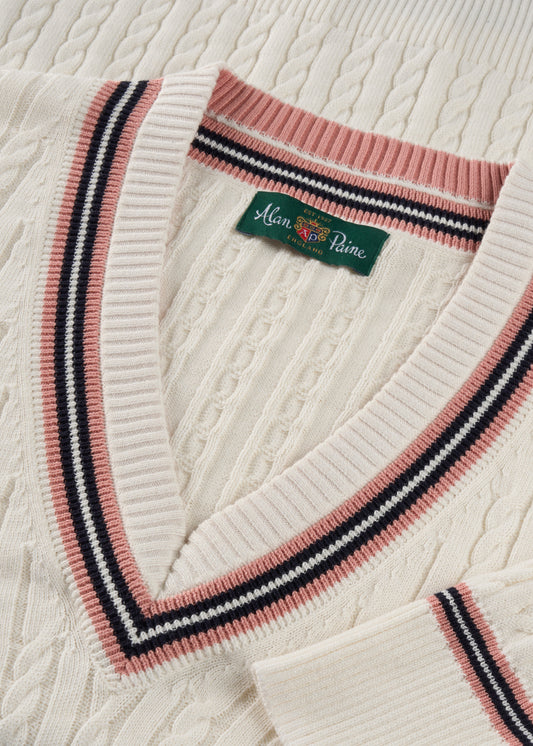 Ladies Cotton Cable Knit Cricket Jumper in White