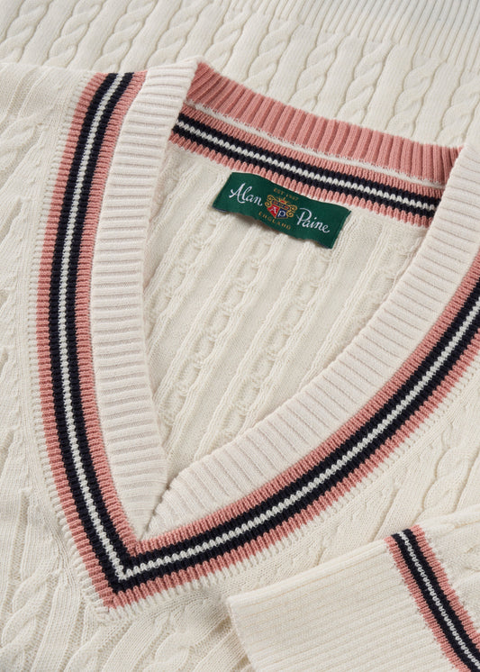 Ladies Cotton Cable Knit Cricket Jumper in White