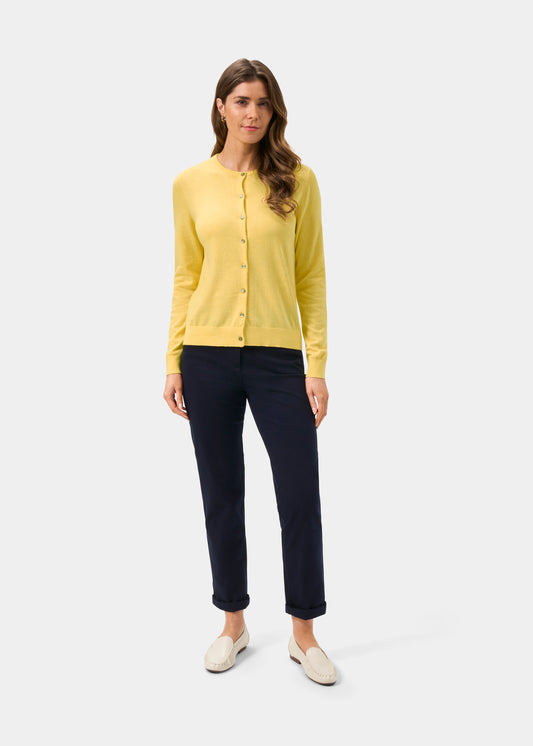 Ladies Cotton Cashmere Crew Neck Cardigan in Yellow