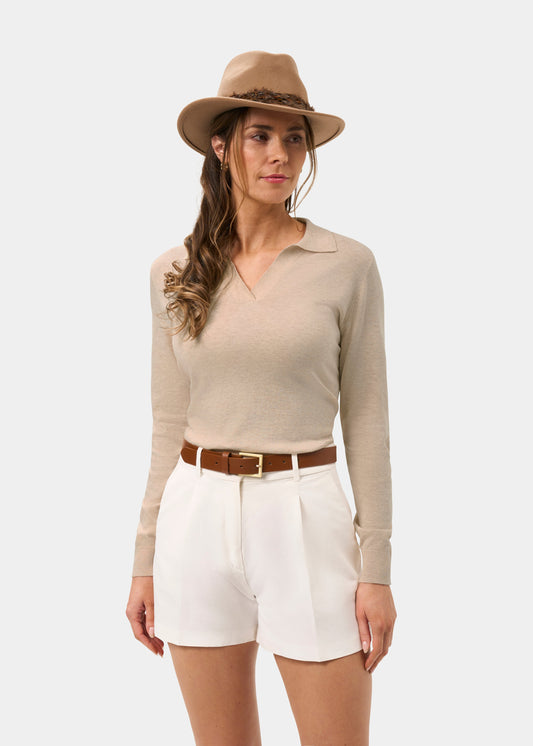 Ladies Cotton Cashmere Open Placket Jumper in Beige
