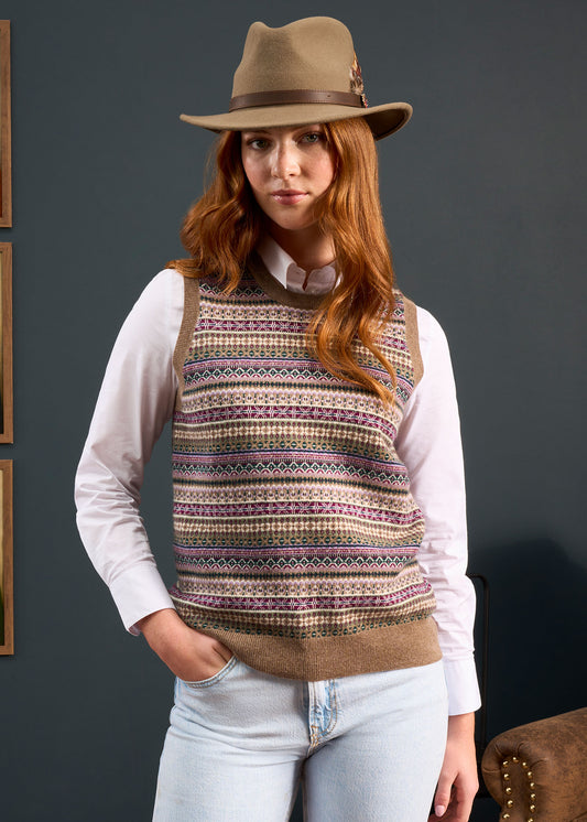 Mae Ladies Luxury Fair Isle Jumper In Pecan and Lilac