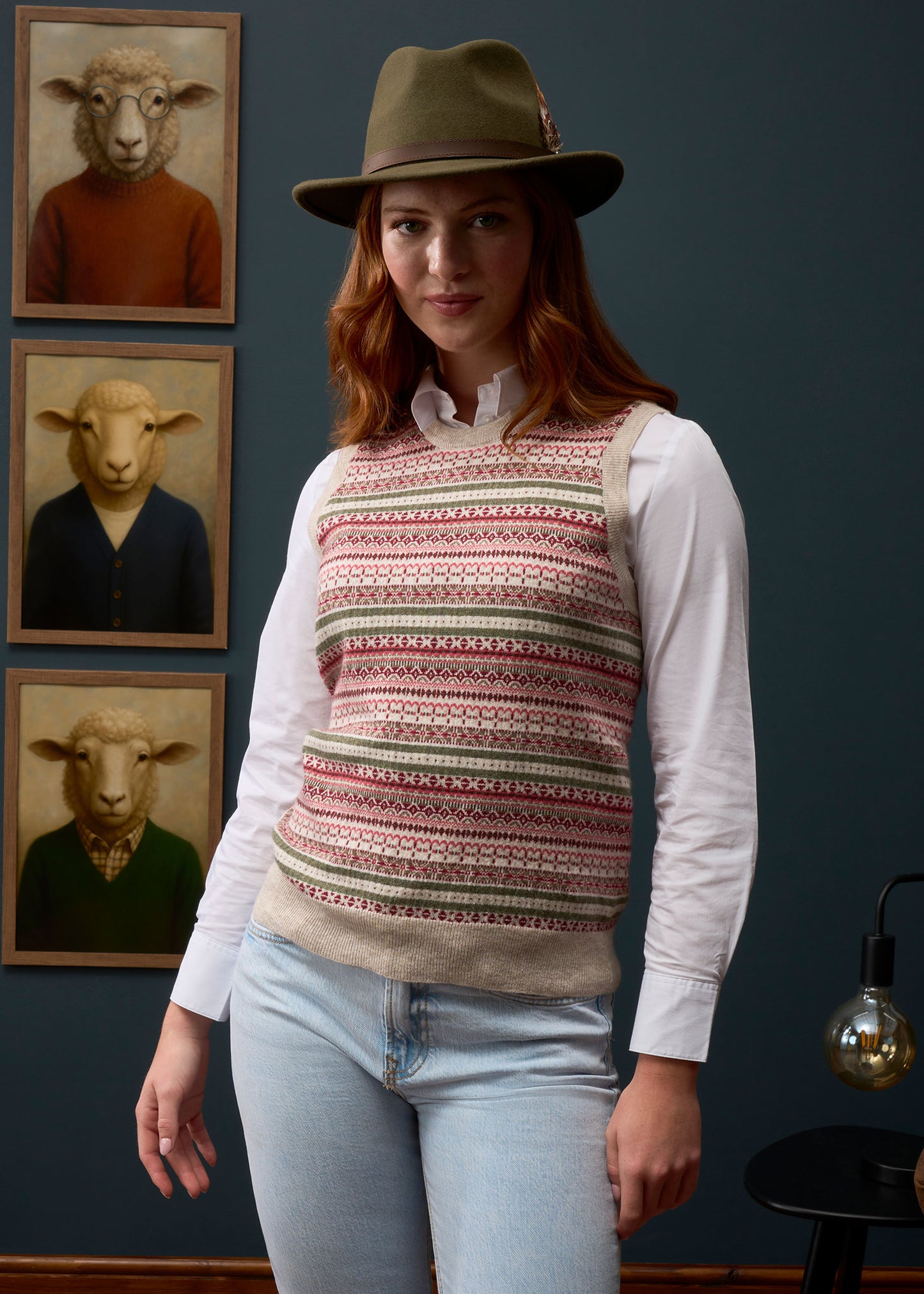 Mae Ladies Luxury Fair Isle Jumper In Porridge and Red