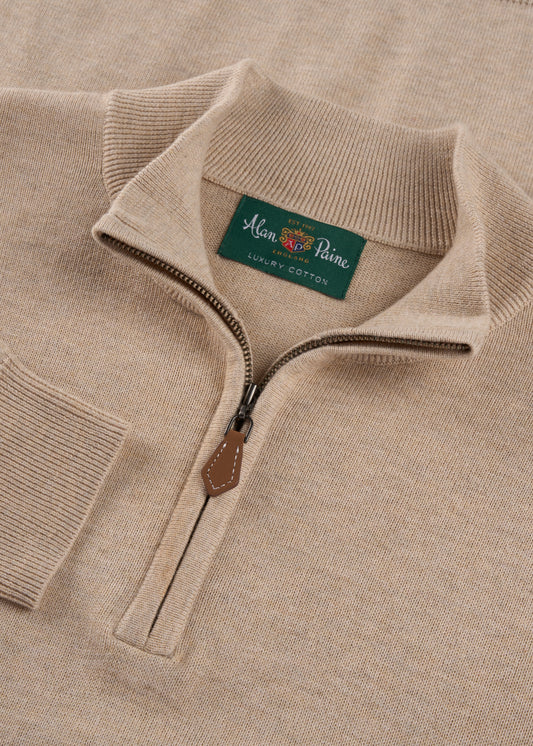 Mens Cotton Cashmere Quarter Zip Jumper in Beige