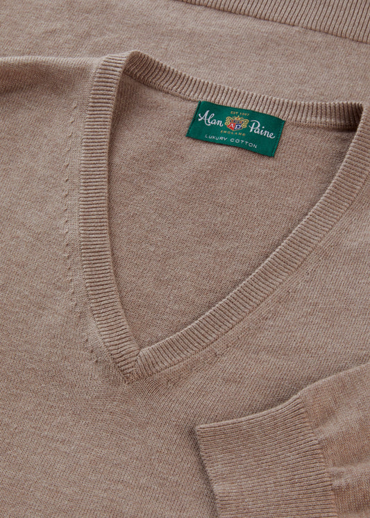 Men's Cotton Cashmere Vee Neck Jumper in Brown