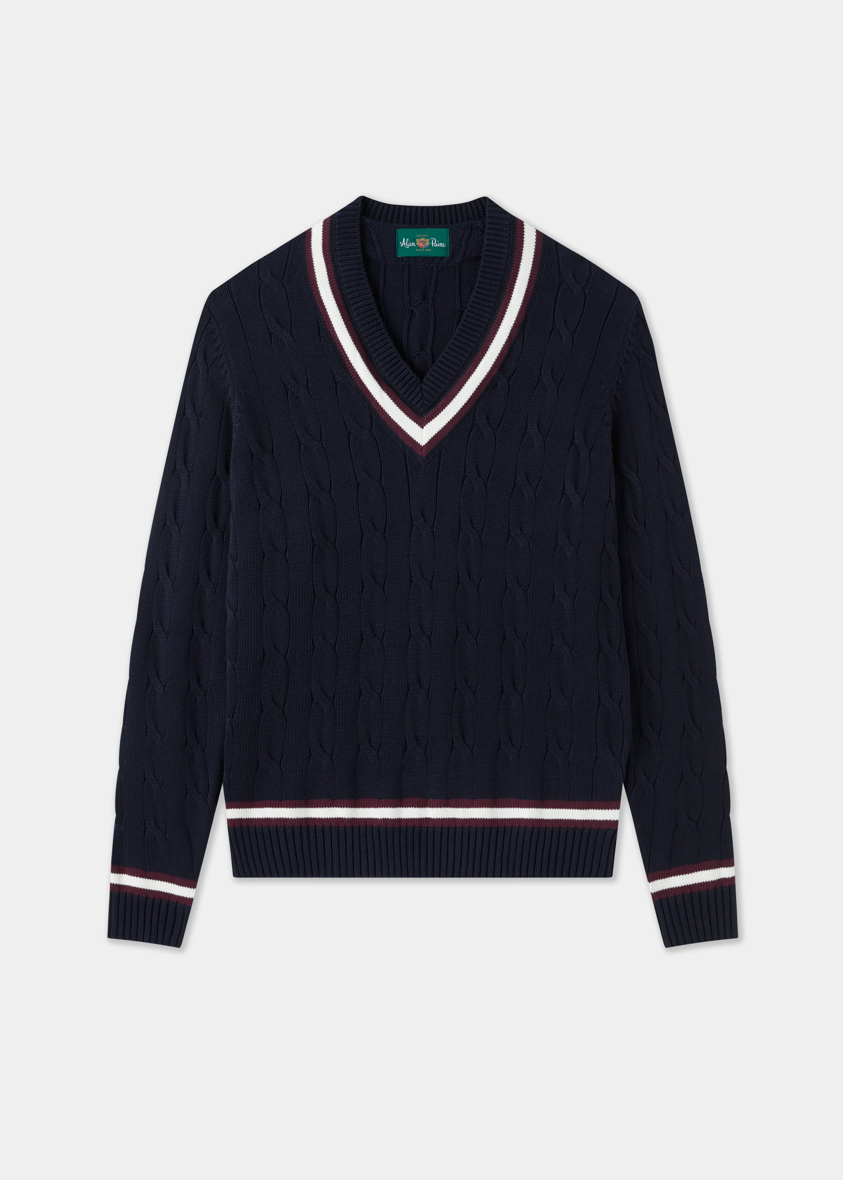 Men's Cable Knit Cricket Jumper In Dark Navy and Blackcurrant