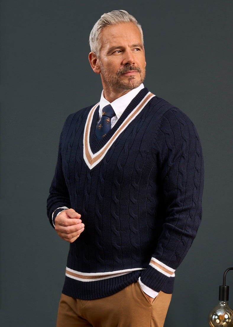 Mens-Cricket-Jumper-Navy-Glod-Trim