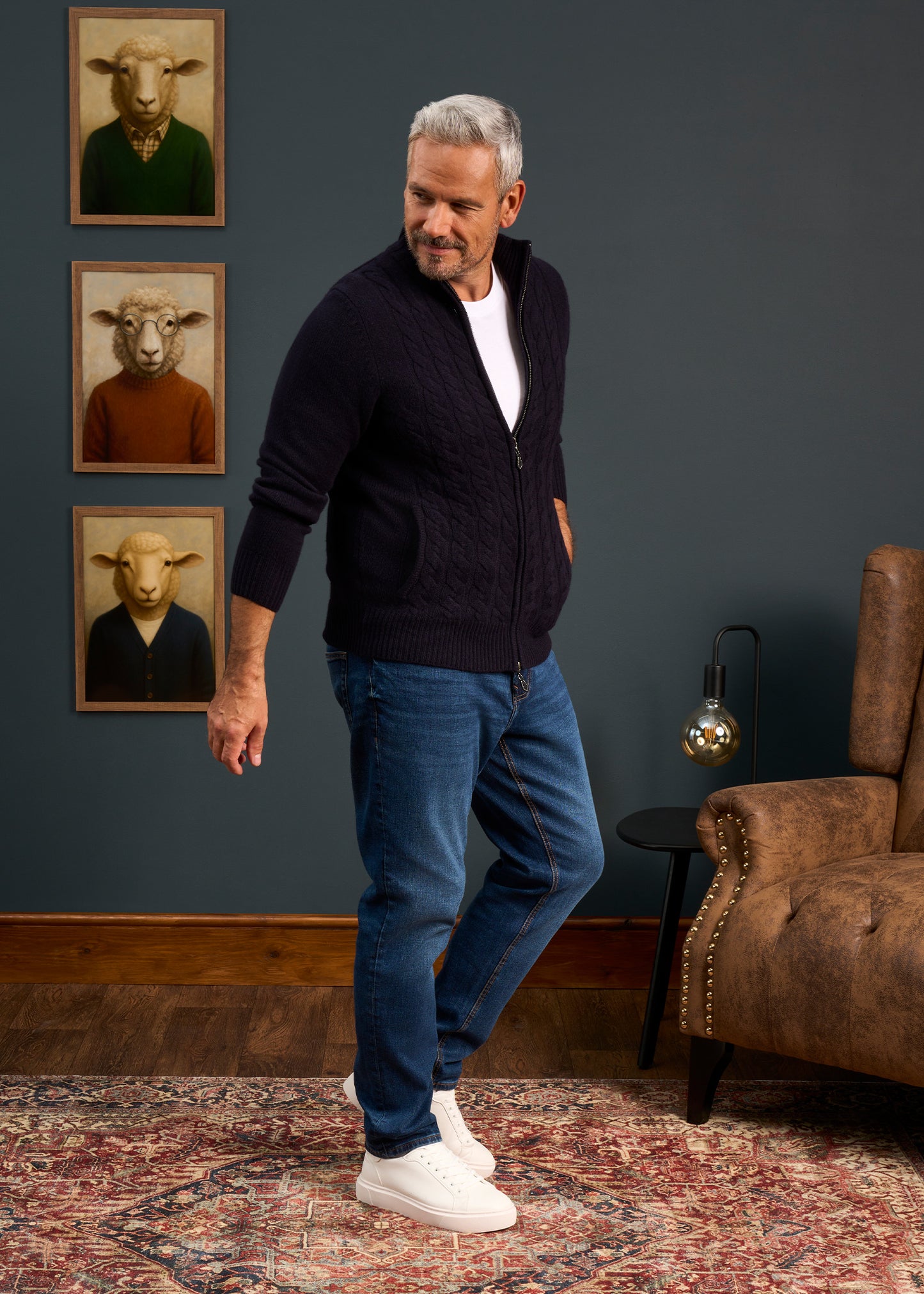 Mens-Lambswool-Cable-Front-Zip-Mock-Neck-Jumper-Navy