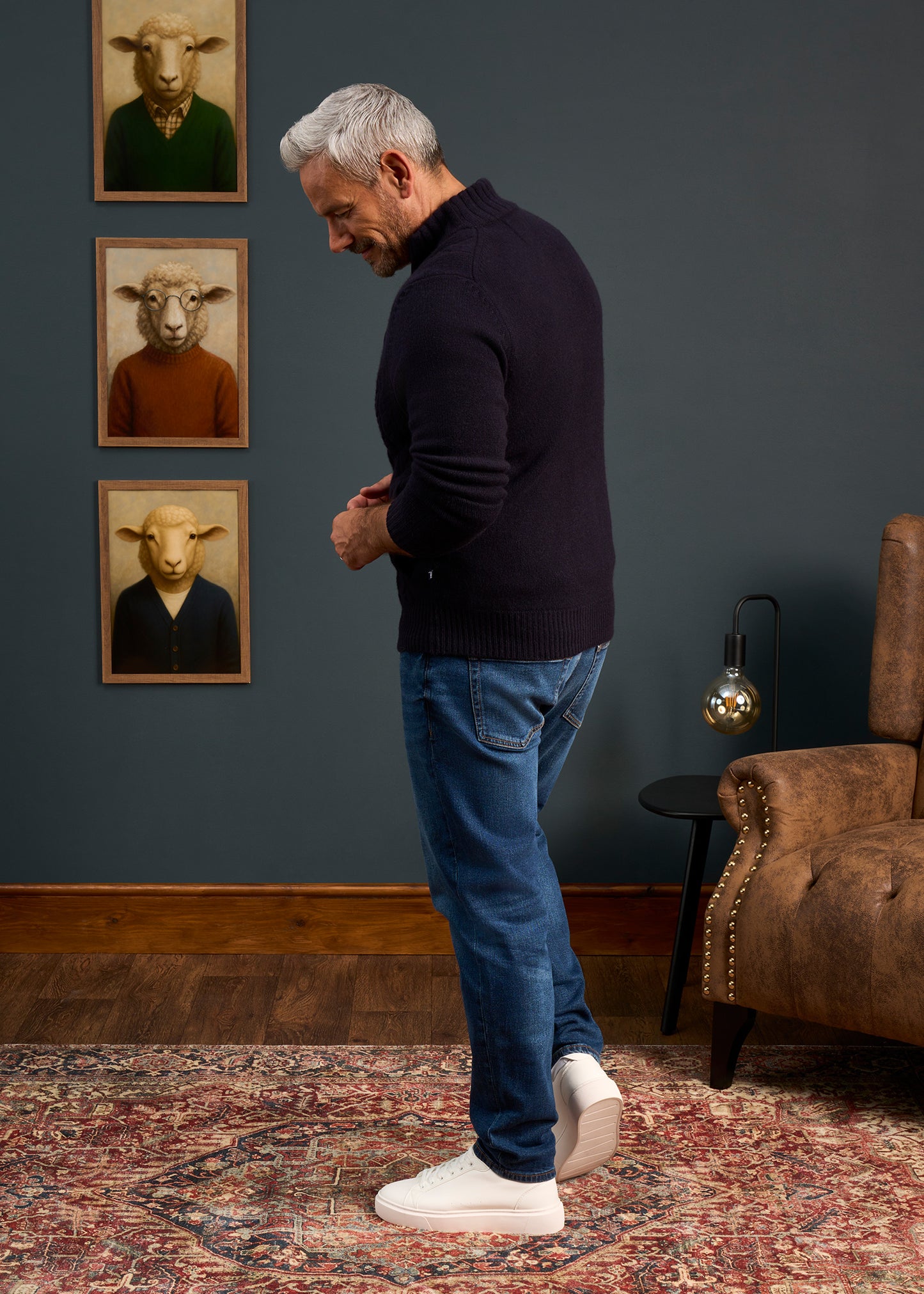 Mens-Lambswool-Cable-Front-Zip-Mock-Neck-Jumper-Navy
