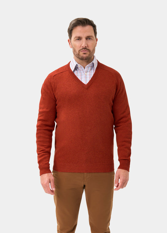 Men's Lambswool Vee Neck Jumper in Ember