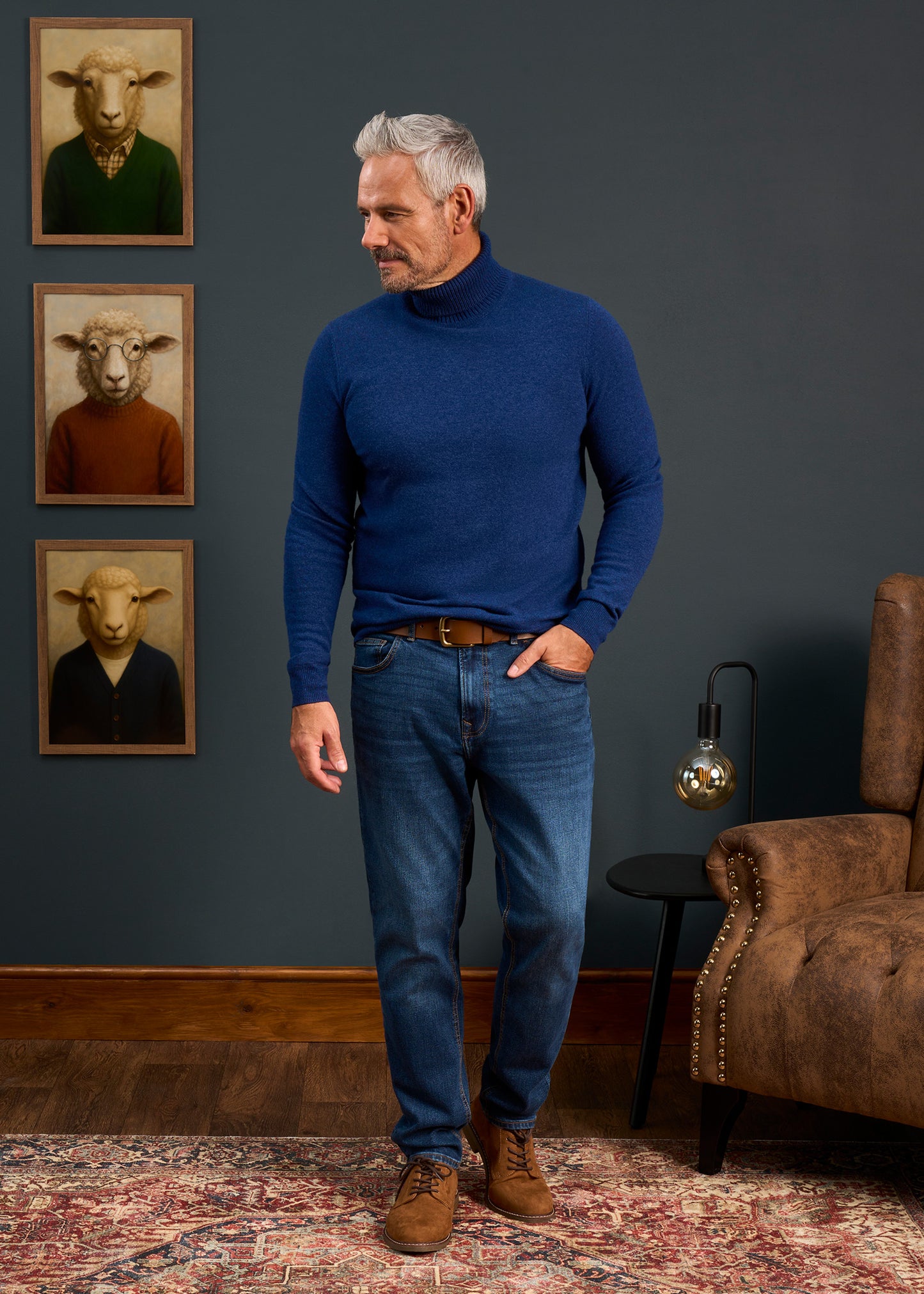 Mens-Roll-Neck-Jumper-Blue