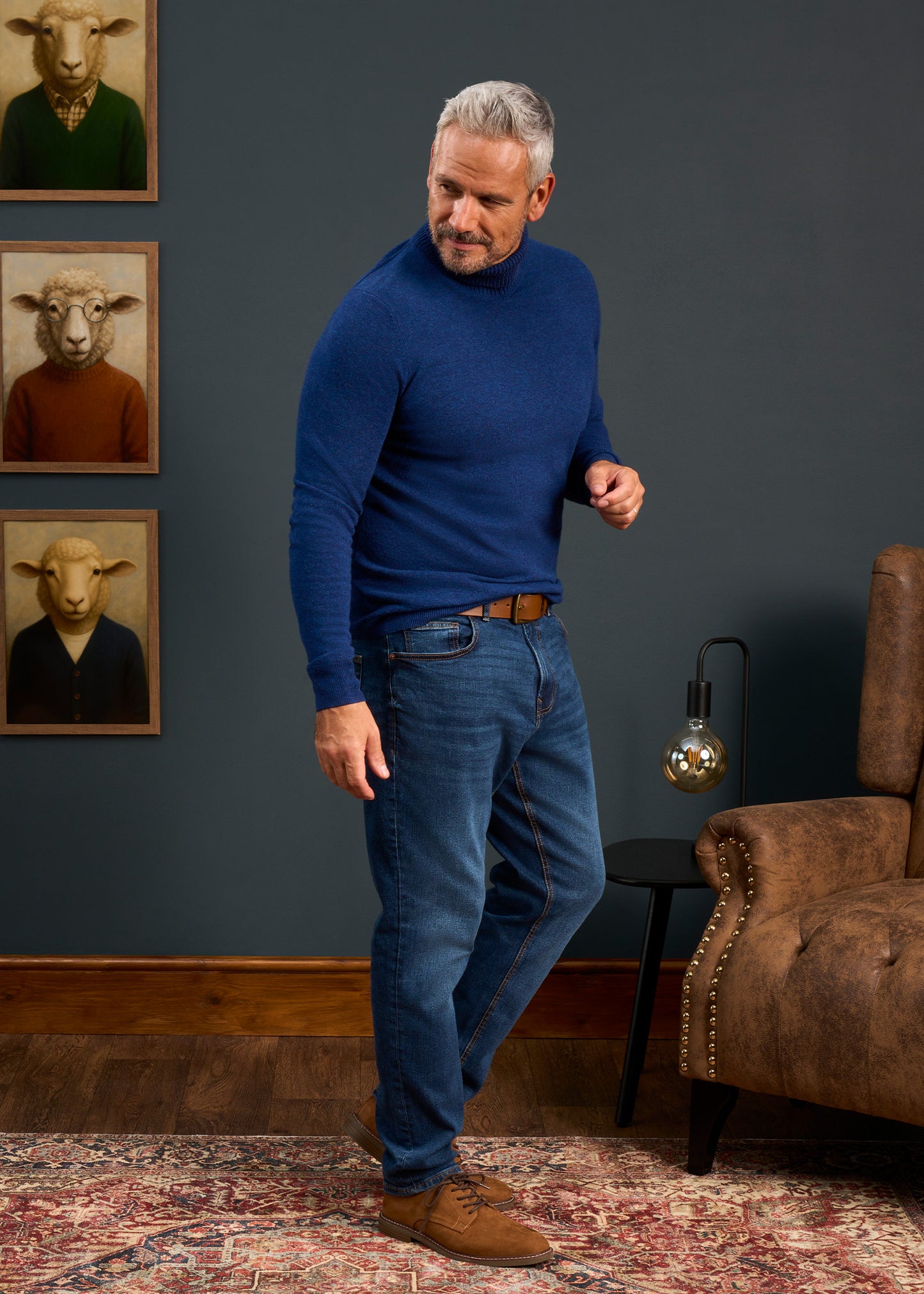 Mens-Roll-Neck-Jumper-Blue