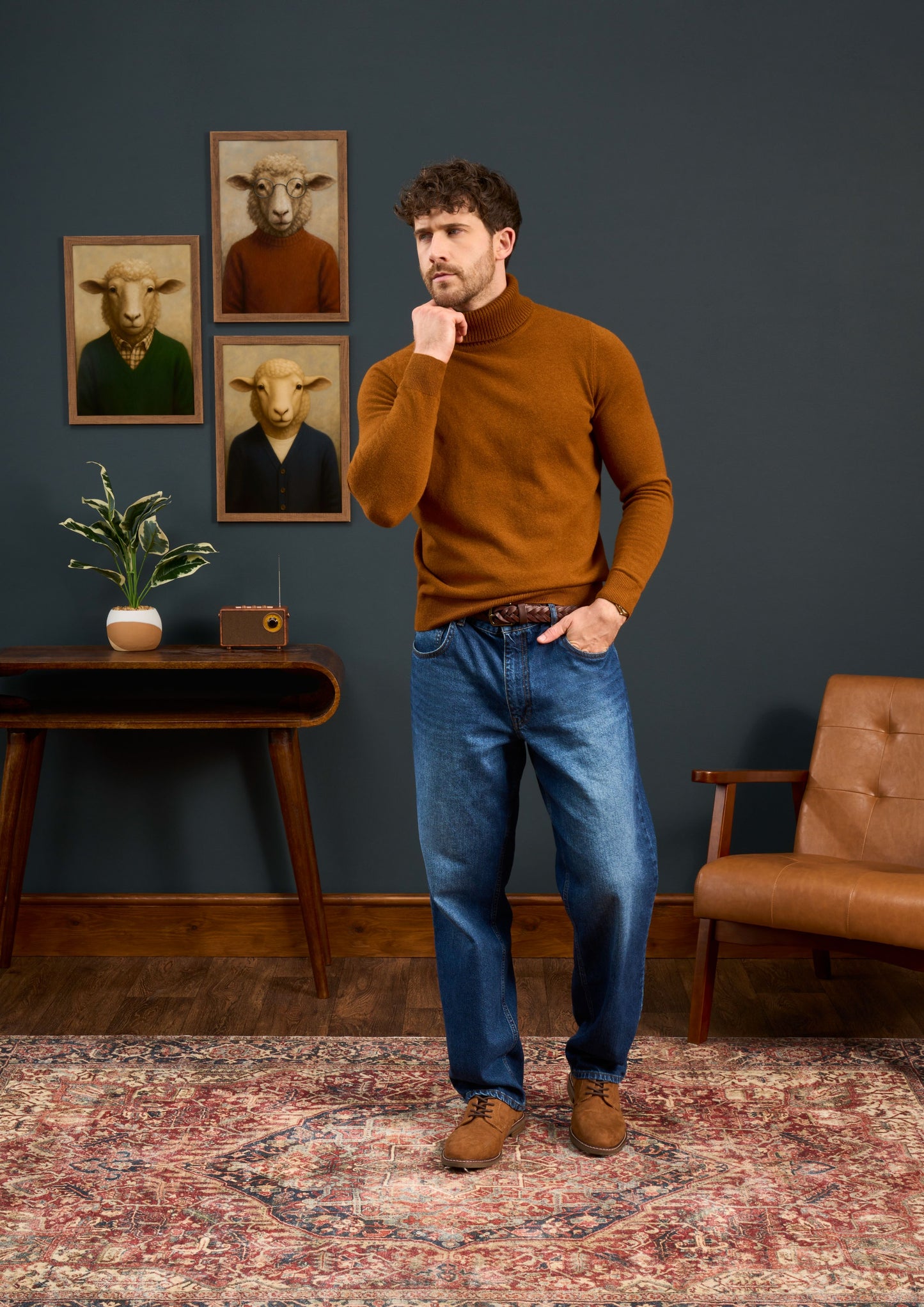 Mens-Roll-Neck-Jumper-Brown-Orange