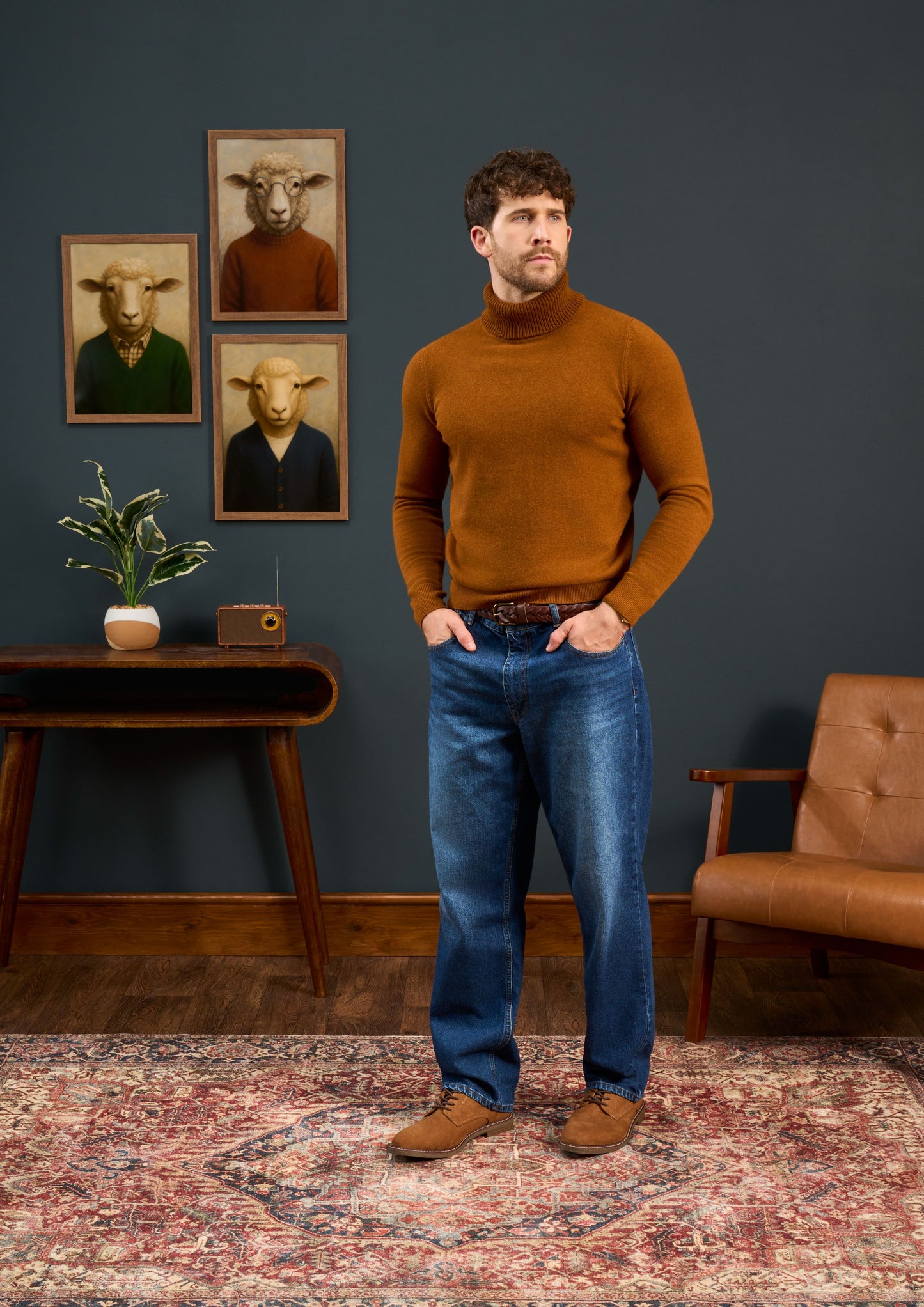 Mens-Roll-Neck-Jumper-Brown-Orange