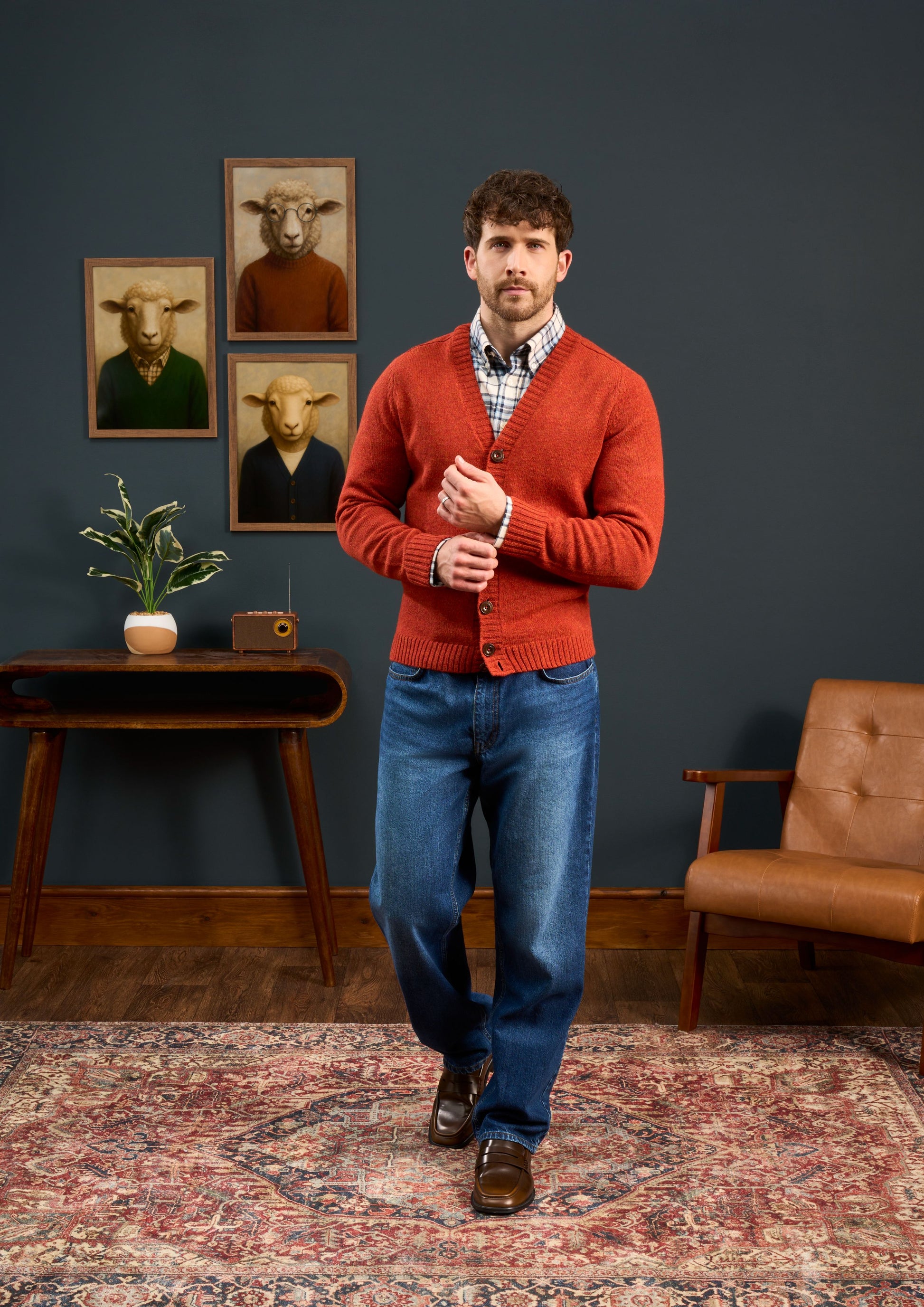 Mens-Shetland-Wool-Cardigan-Orange