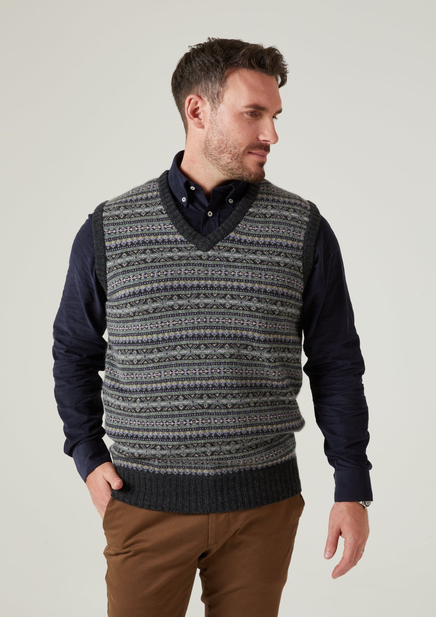 Nyland Men's Lambswool Fairisle Oxford Blue Slipover