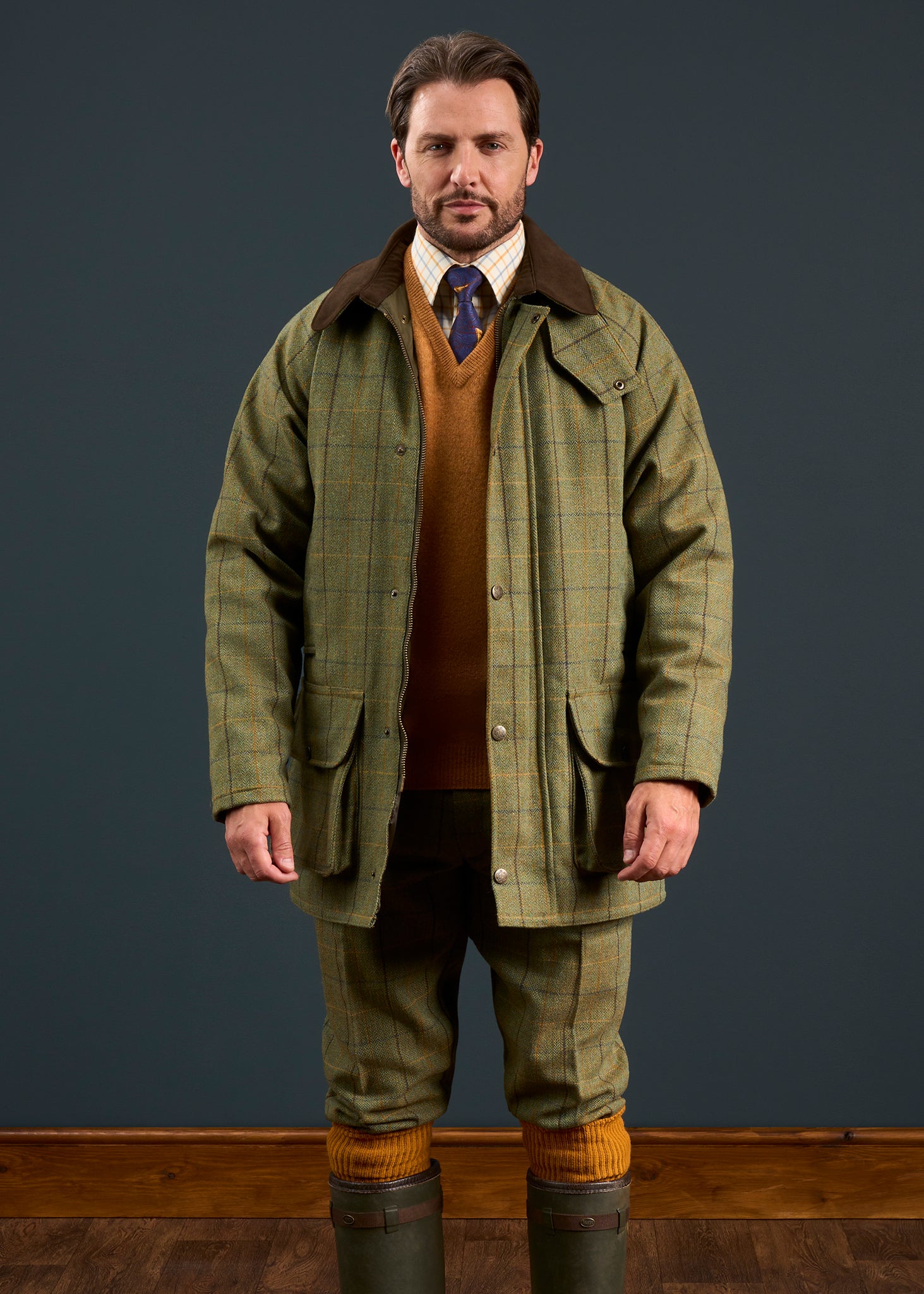 Rutland Men's Tweed Waterproof Shooting Coat In Dark Moss