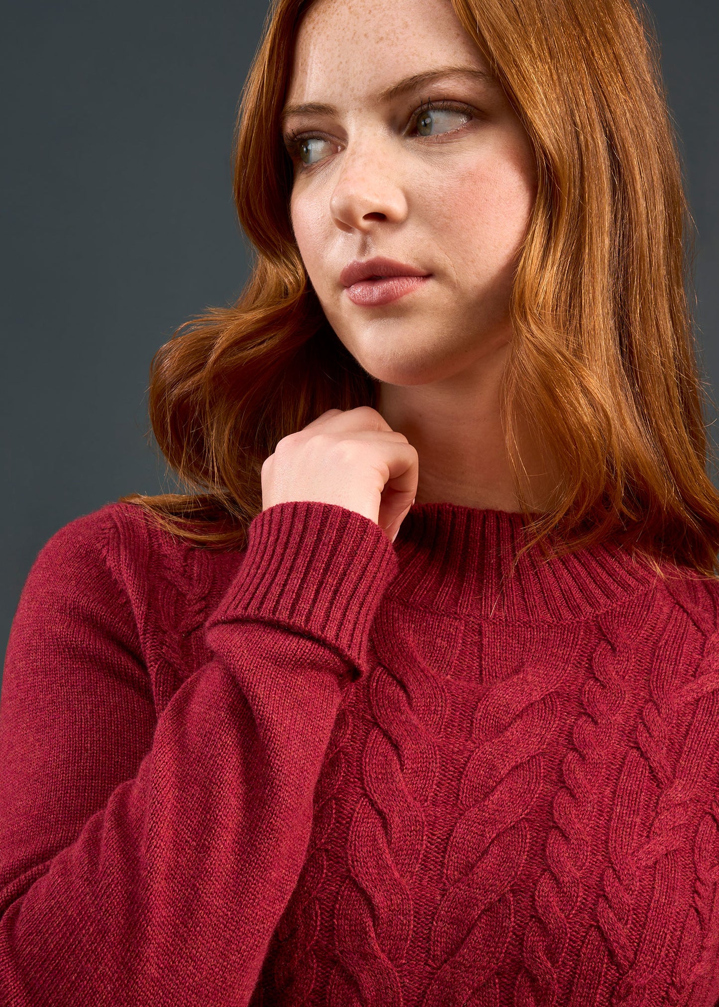Sienna Ladies Cable Knit Roll Neck In Berry
