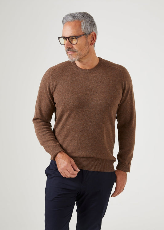 Alan Paine Dorset men's tobacco crew neck jumper in soft lambswool with saddle shoulder detail and ribbed hem