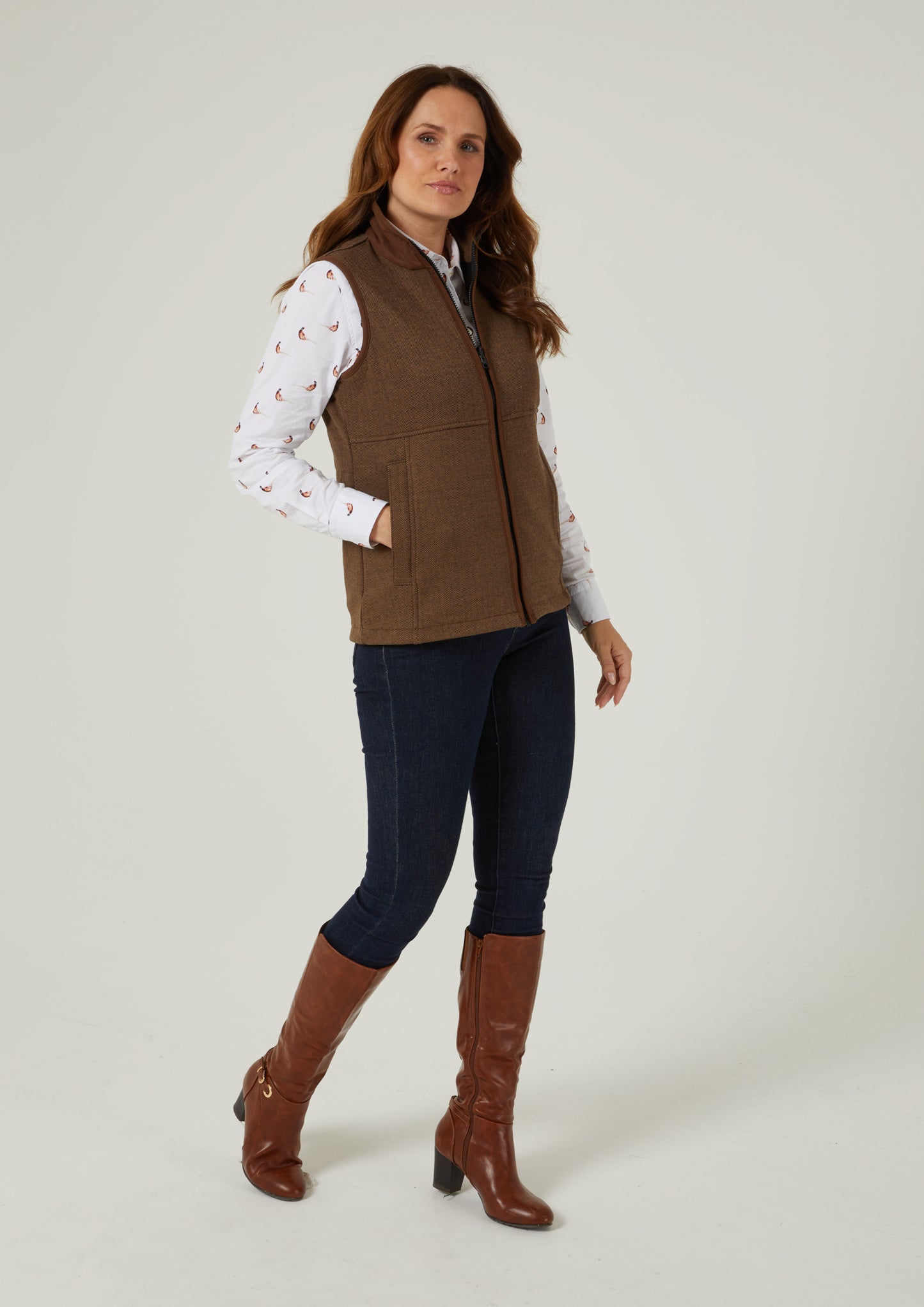 Aylsham Ladies Fleece Gilet In Brown Herringbone