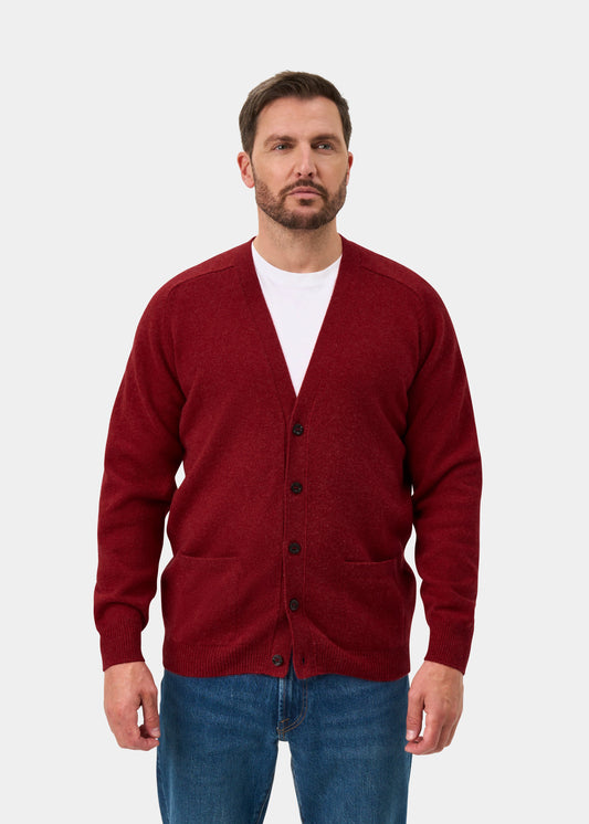 Cornwall Lambswool Vee Neck Cardigan In Poppy Melange - Classic Fit