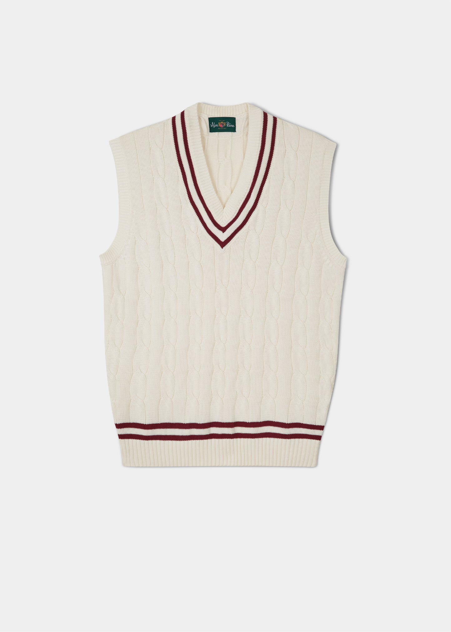 Ecru men's cable knit slipover in ecru with a claret trim.