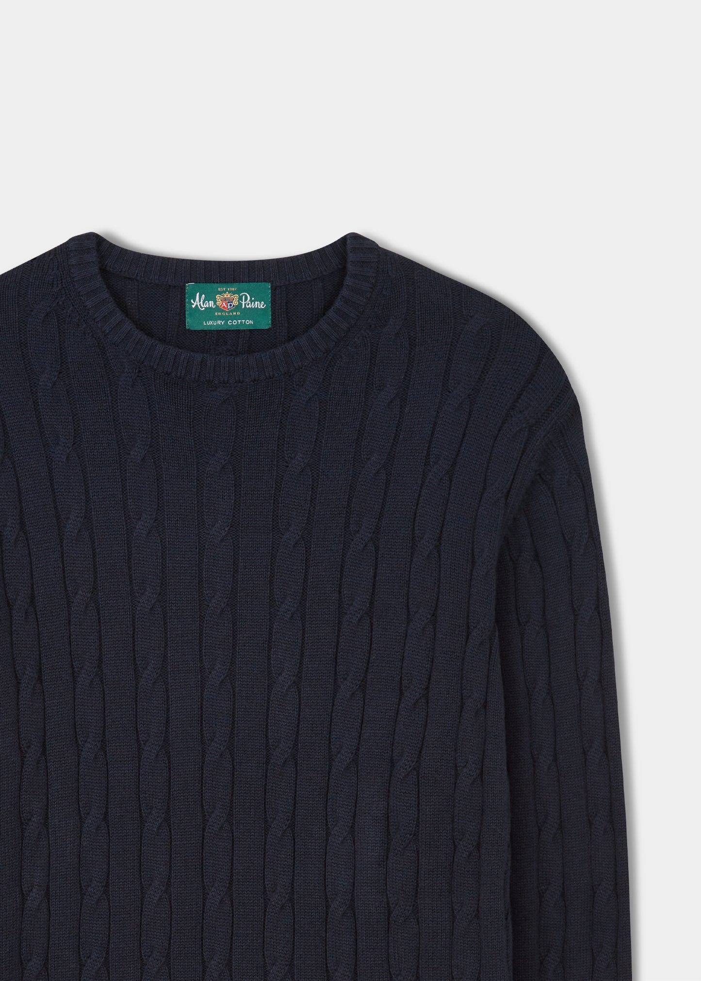 Men's cotton cashmere cable knit jumper in dark navy