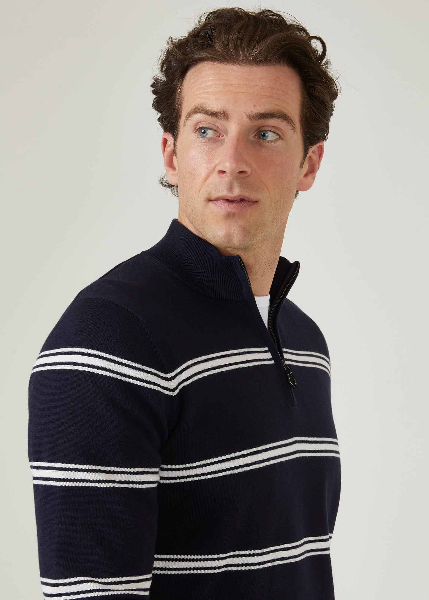 Striped mock neck jumper in dark navy with ecru stripe.