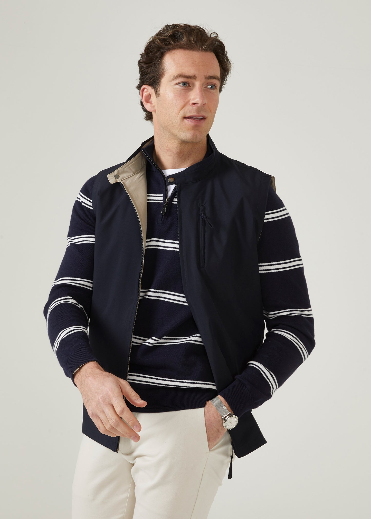 Striped mock neck jumper in dark navy with ecru stripe.