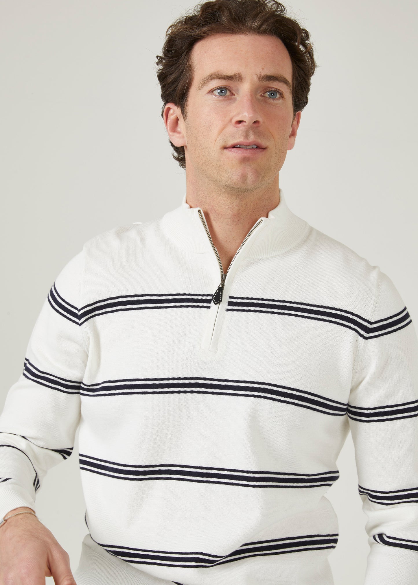 mock neck cotton jumper in ecru with dark navy stripes.