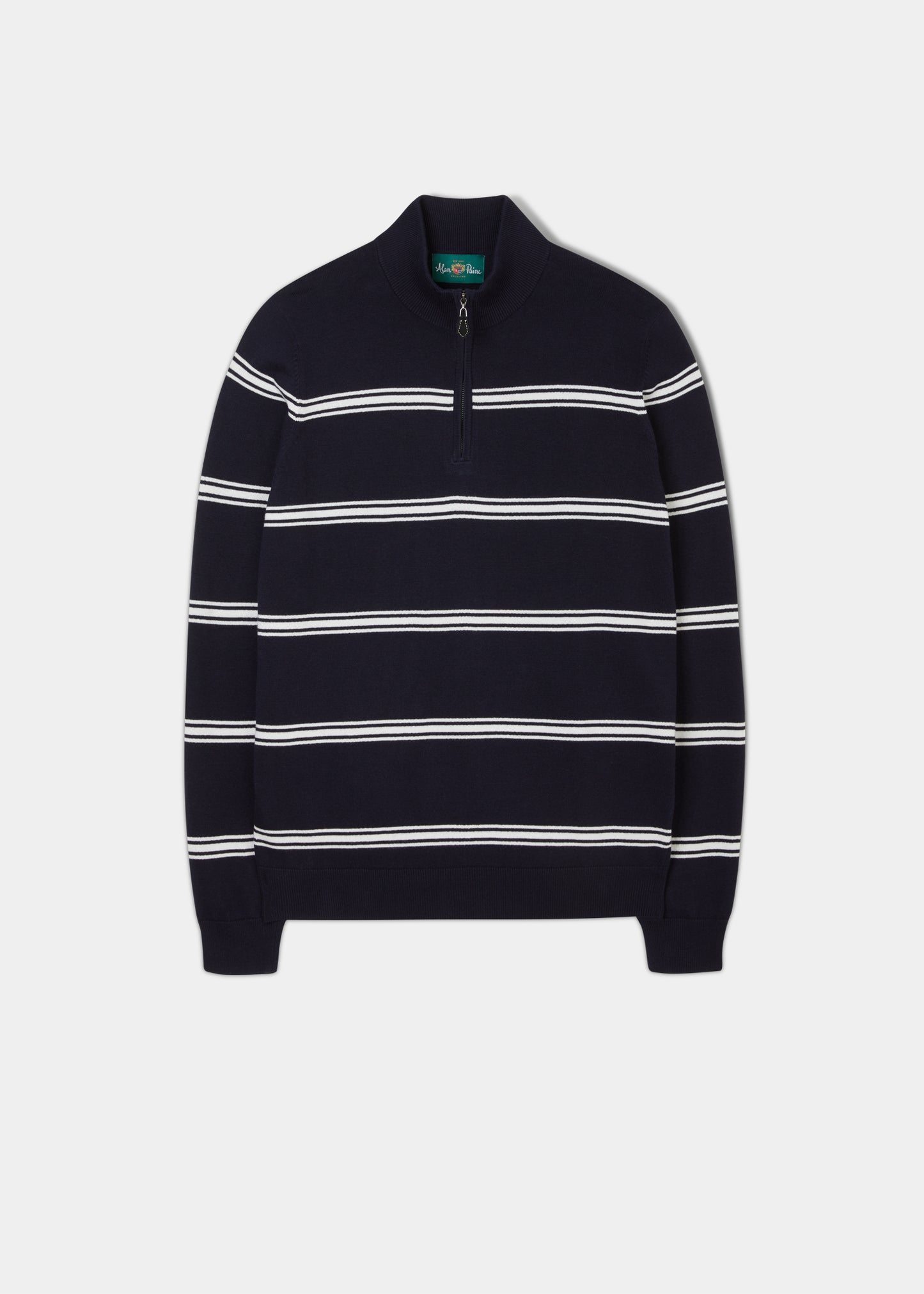 Striped mock neck jumper in dark navy with ecru stripe.