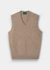Norfolk Lambswool V-Neck Slipover In Cobble: a light brown V-neck lambswool sweater vest in a soft knit.