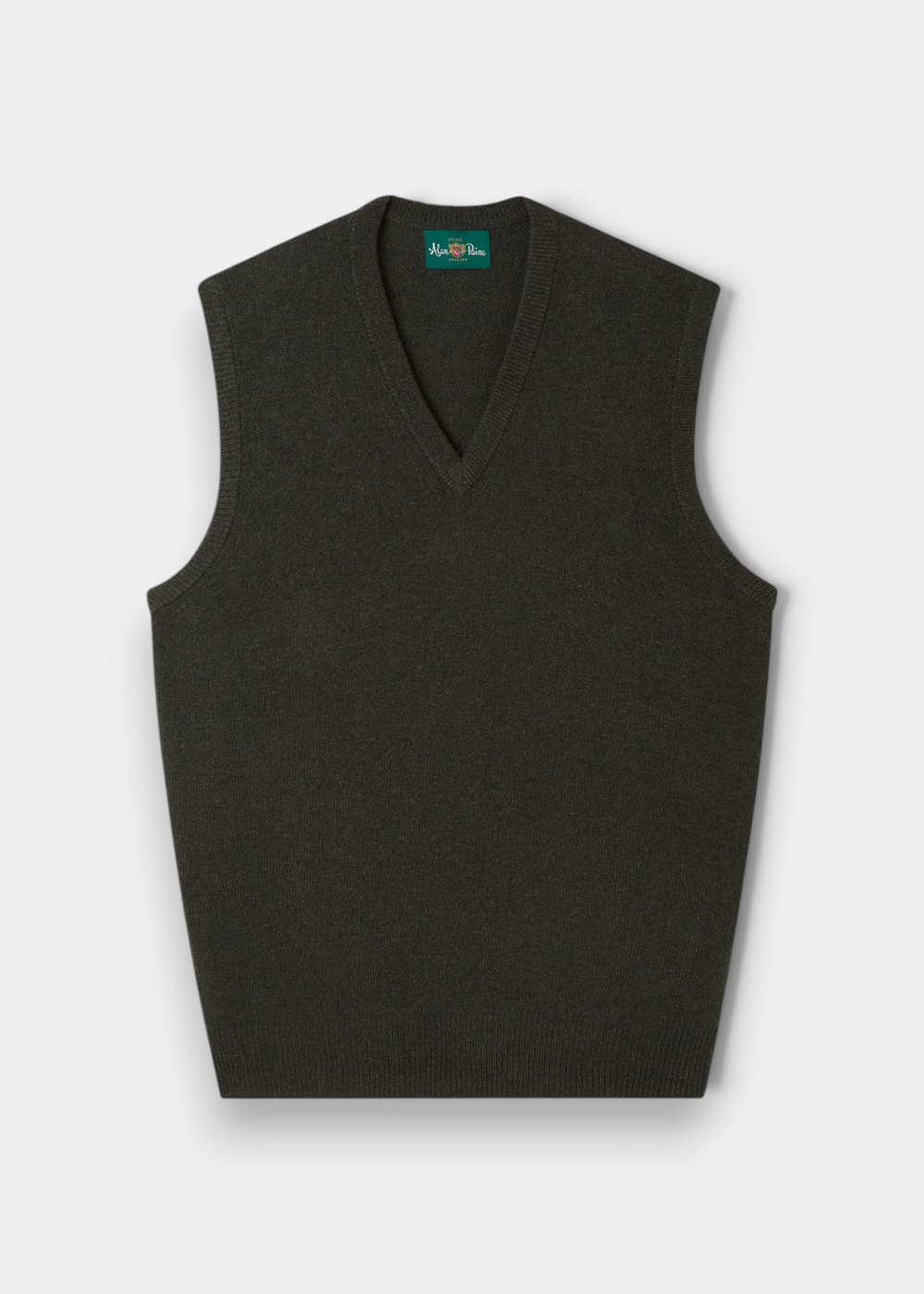 Dark green V-neck sleeveless Norfolk Lambswool V-Neck Slipover In Seaweed - Classic Fit.