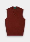 Norfolk Lambswool V-Neck Slipover In Sienna, a rust-colored V-neck lambswool slipover.
