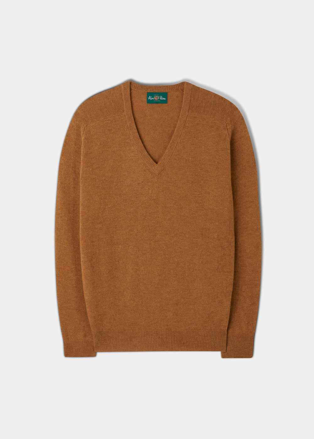 Hampshire Lambswool Vee Neck Jumper in Gazelle, classic fit; brown, long sleeves, ribbed cuffs and hem.