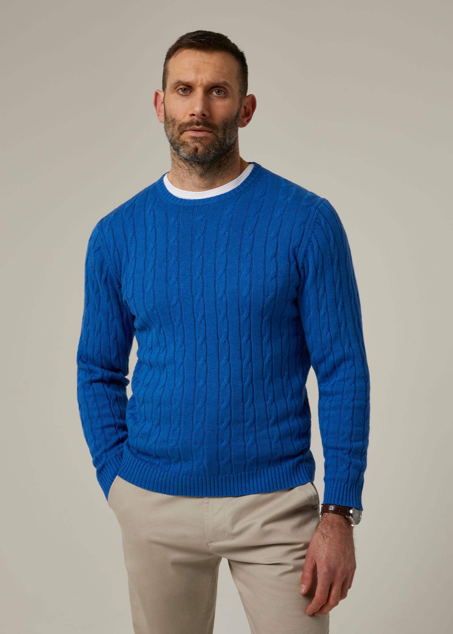 Cotton Cashmere Cable Knit Jumper In Regatta – Alan Paine