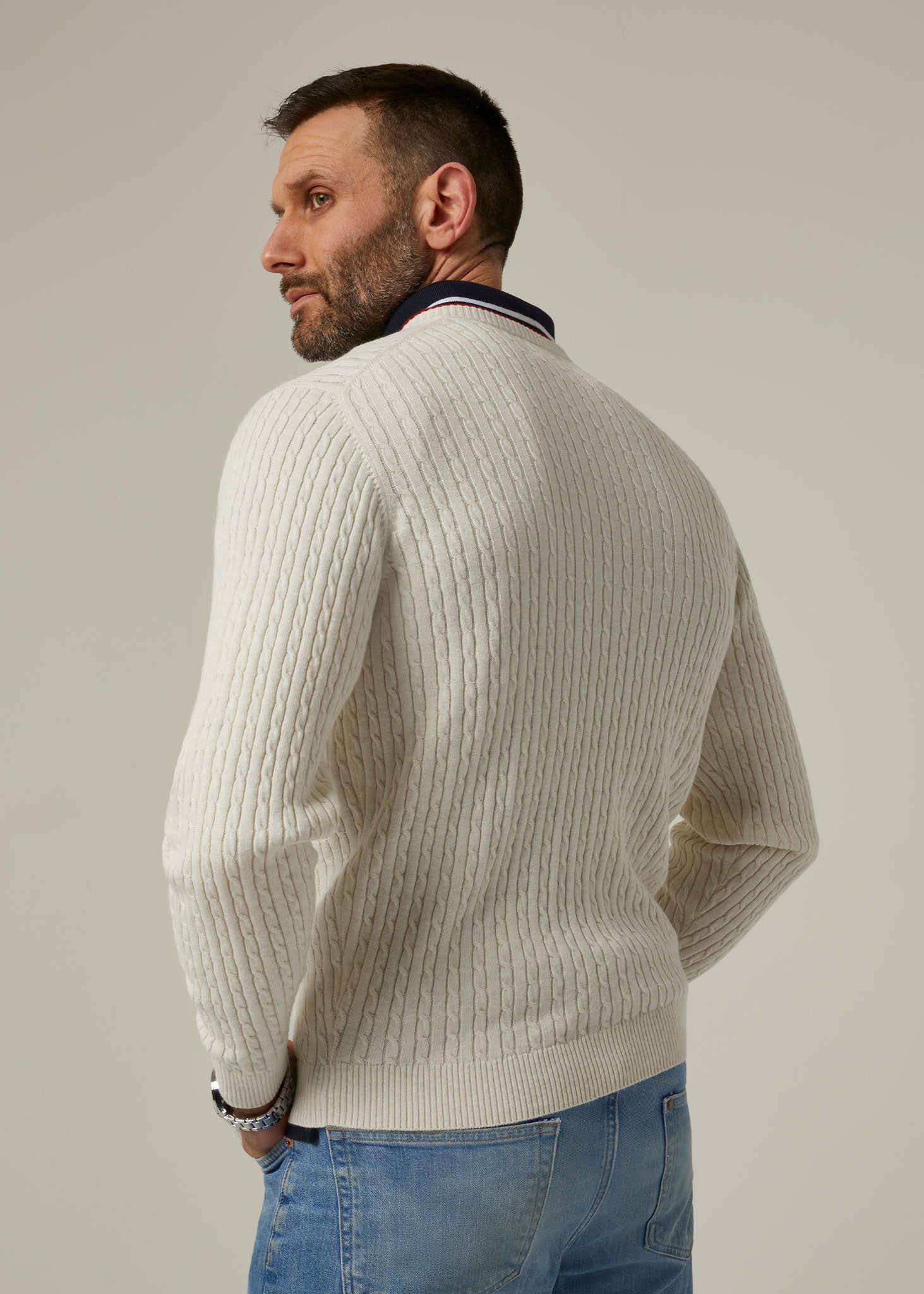 Elmstone Cable Vee Neck Jumper in Blonde Dark Navy