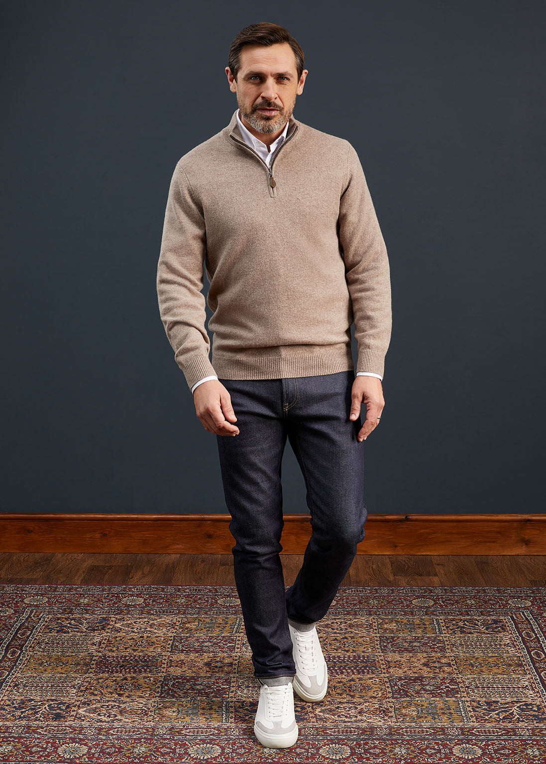 Men's Lambswool 1/4 Zip Jumper in Mushroom 