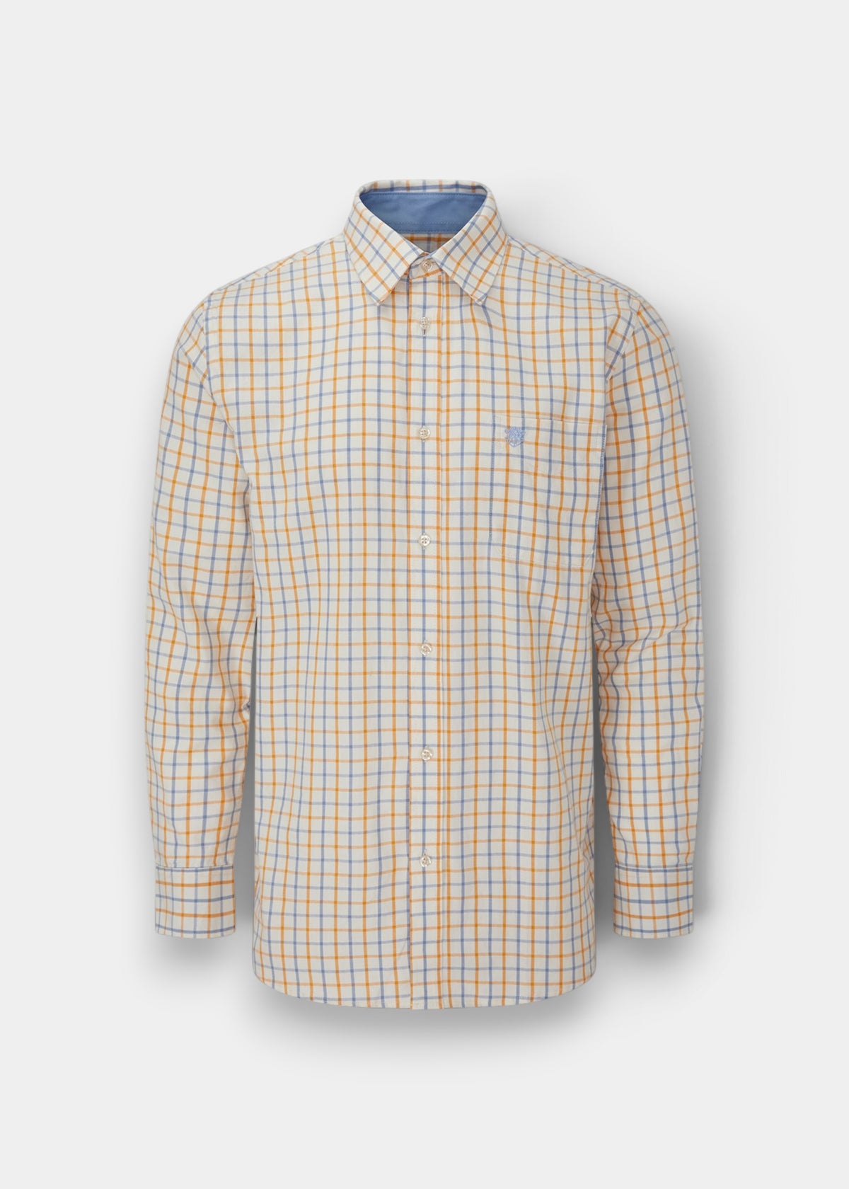 Aylesbury Cotton Country Check Shirt: Regular fit, blue & gold plaid, long sleeves, classic collar, front pocket.