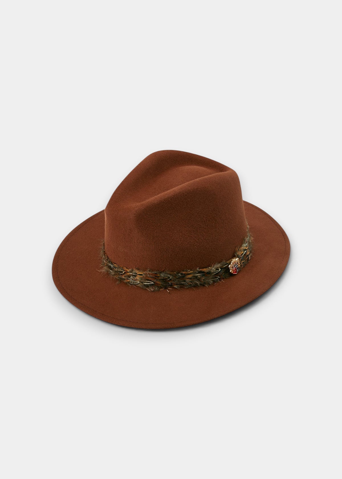 Brown womens fedora hat in 100 wool felt with decorative pheasant feather wrap and formed brim