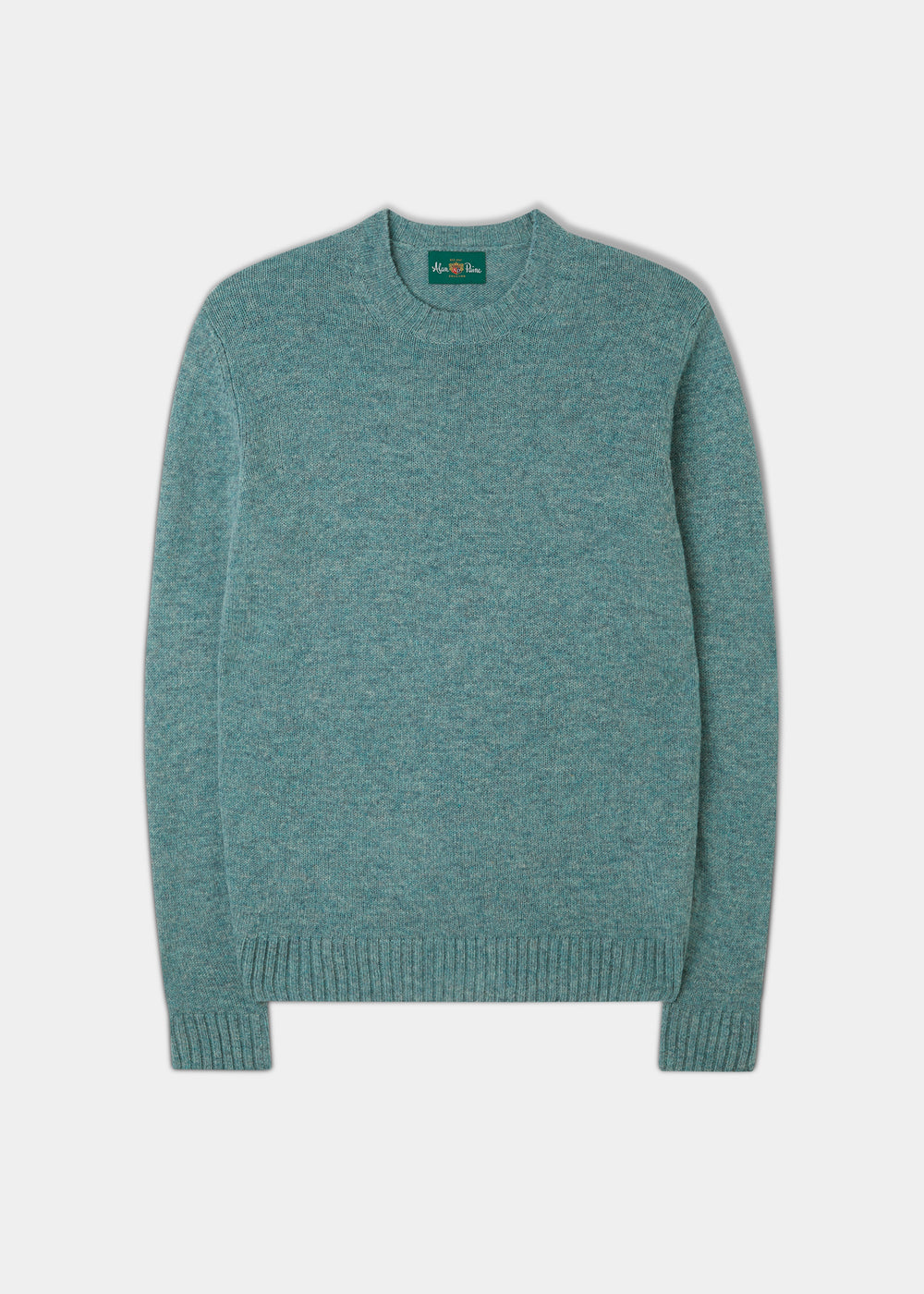 Kinnadie Supersoft Shetland Wool Crew Neck Jumper in Topaz, regular fit, with ribbed cuffs and hem, laid flat.