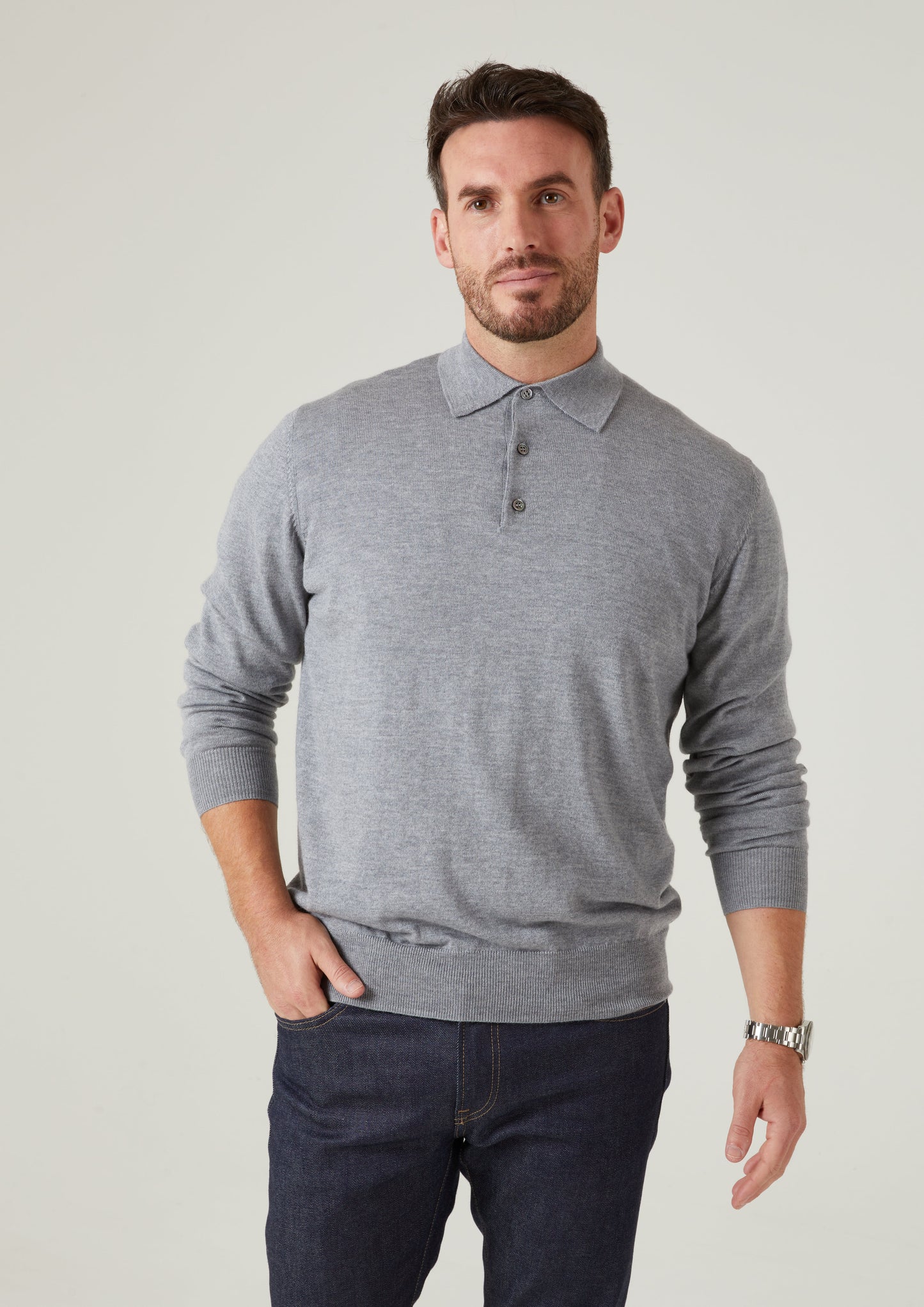 Hindhead Men's Merino Wool Polo Shirt in Light Grey Mix