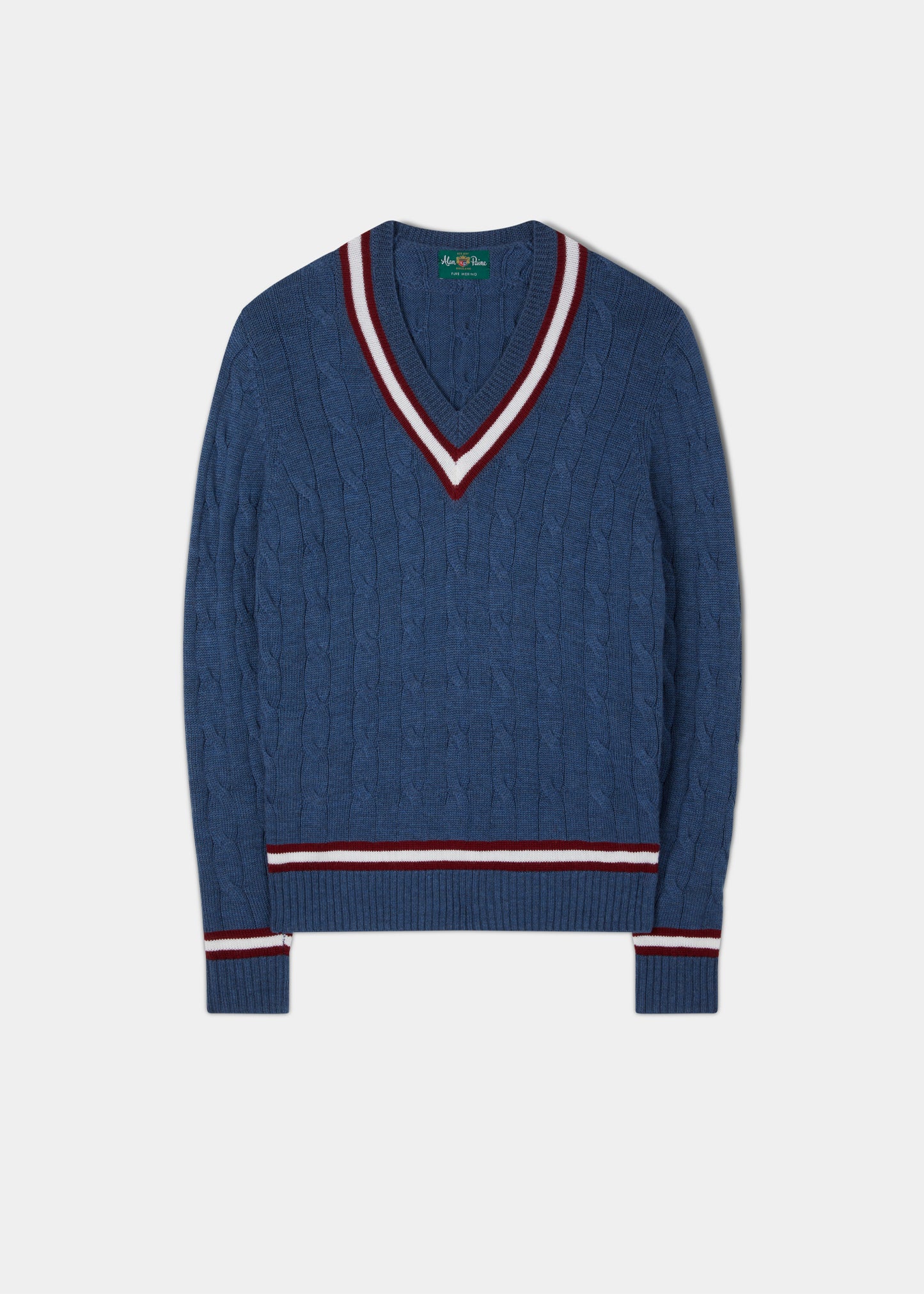 Grafton Men's Merino Wool Cable Cricket Jumper In Denim - Regular Fit