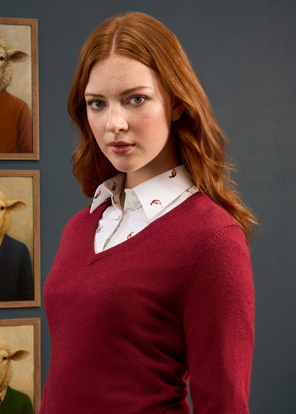 Isla Ladies Wool and Cashmere Vee Neck Jumper in Berry