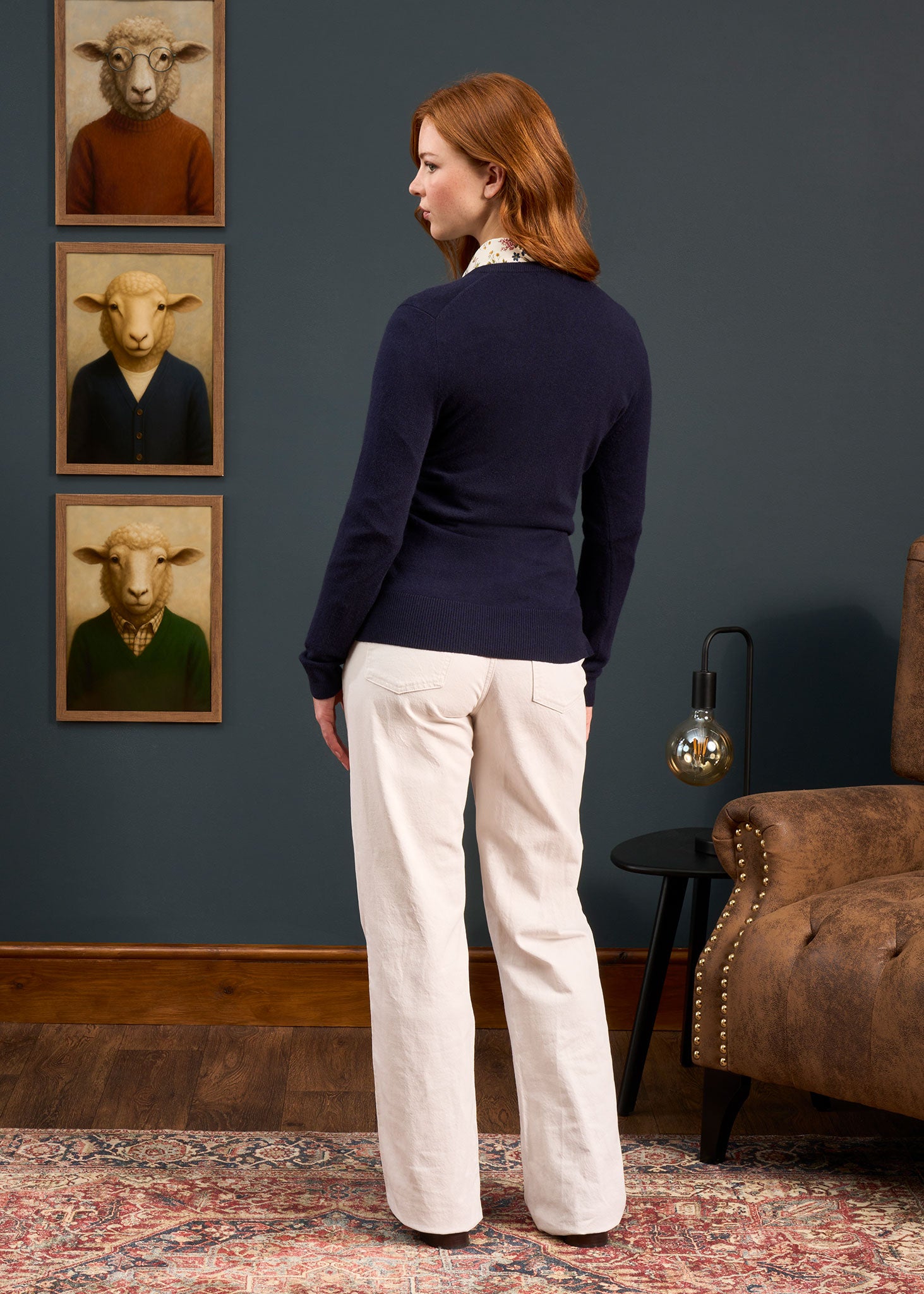 Isla Ladies Wool and Cashmere Vee Neck Jumper in Dark Navy