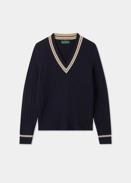 Ladies Cotton Cable Knit Cricket Jumper in Navy