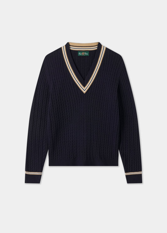 Ladies Cotton Cable Knit Cricket Jumper in Navy